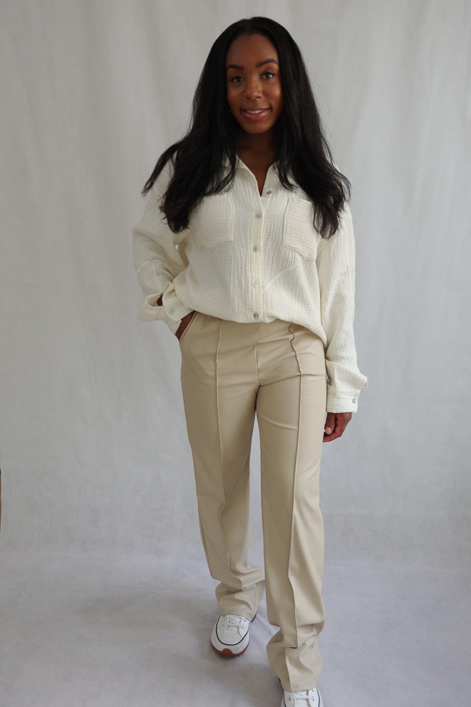 Leather beige pants with straight legs