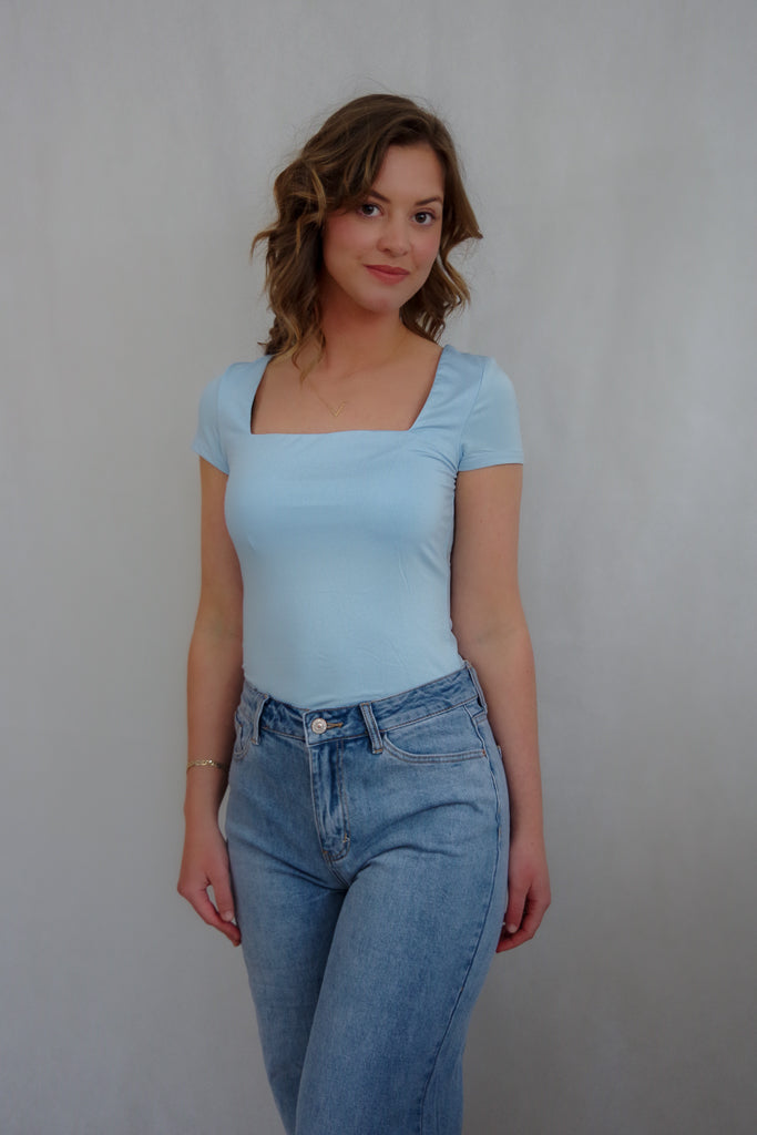 Light blue t-shirt with square-cut neckline