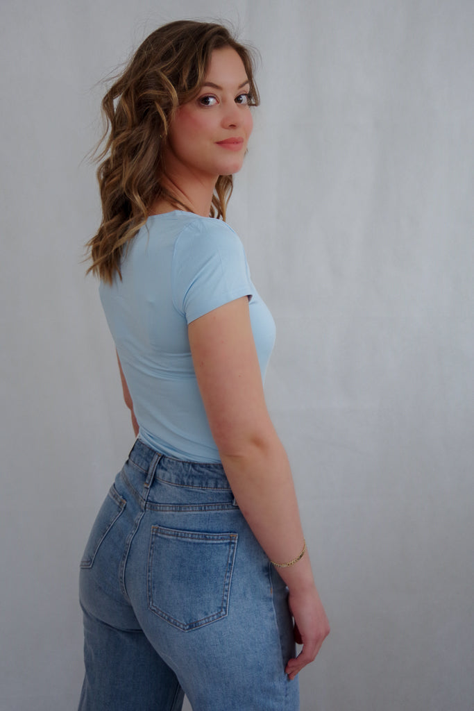 Light blue t-shirt with square-cut neckline