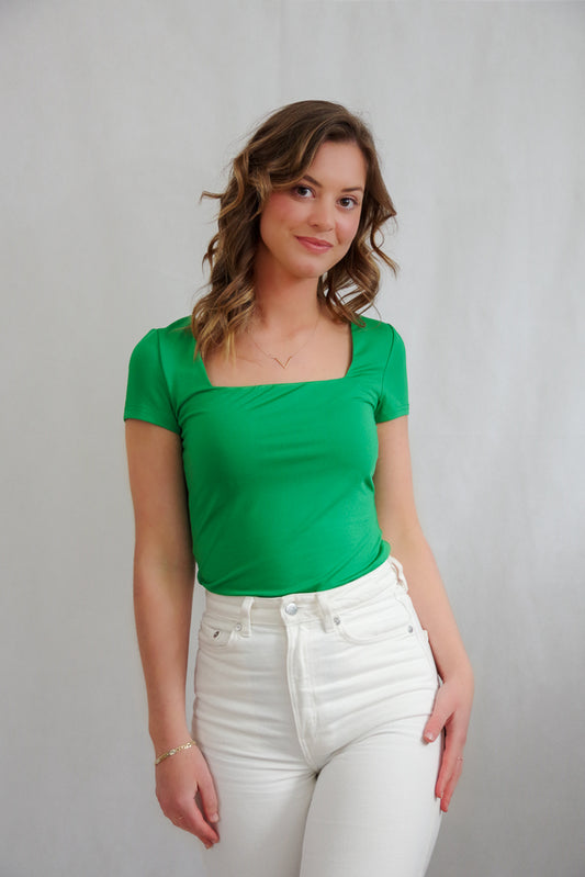 Green t-shirt with square-cut neckline